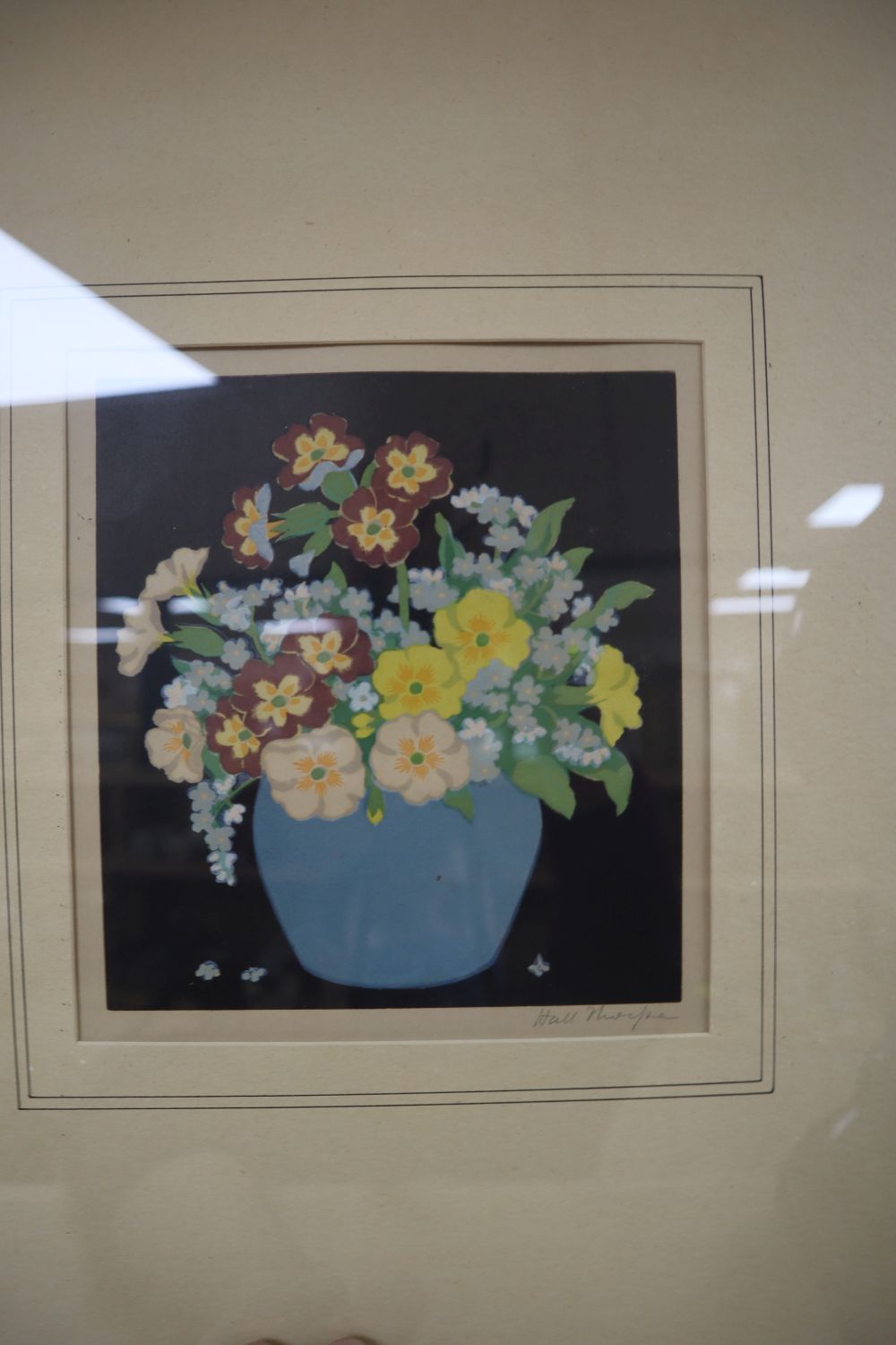 Eric Hall Thorpe, woodcut in colour for home decoration, Flowers in a blue vase, signed in pencil, 18 x 16.5cm